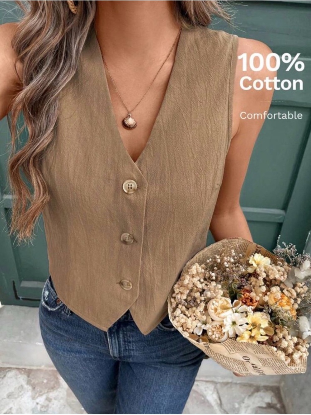 SHEIN Brown Button Front V-Neck Cotton Vest